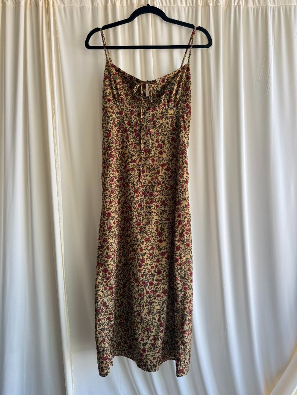 Floral Cami Midi Dress Tan Red Smocked Back Cottagecore Boho Size Small